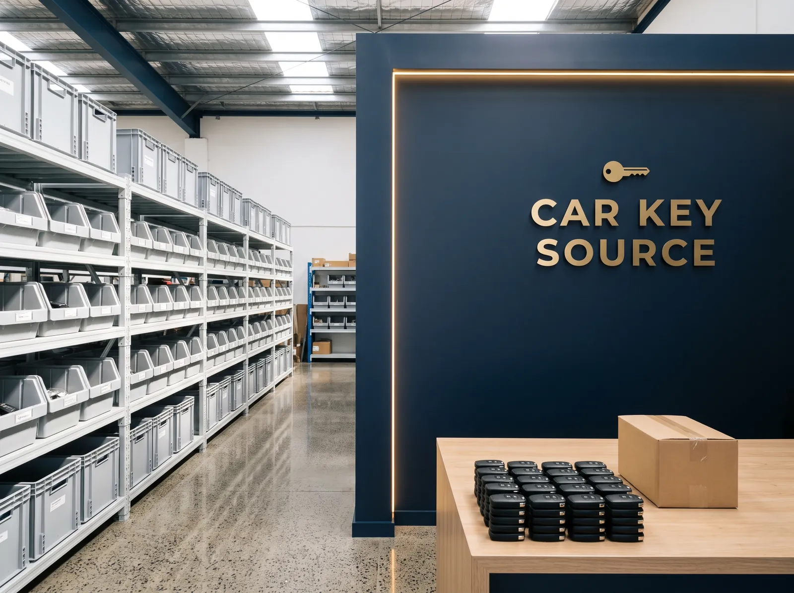 Car Key Source dispatch bench — parts bins of fobs and blanks, an order being packed